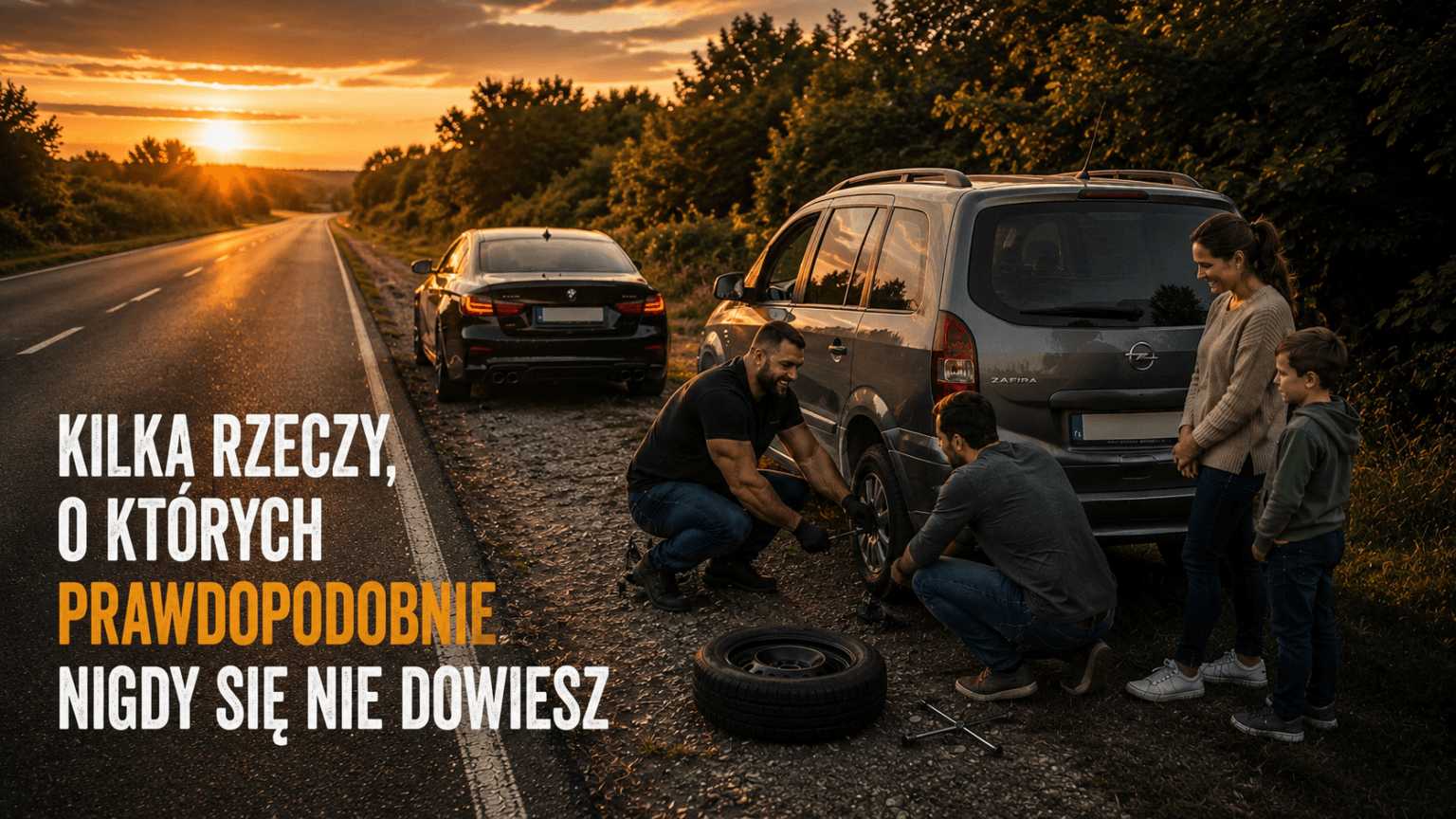 Grupa osób zmienia koło samochodu na poboczu. Napis: „Kilka rzeczy, o których prawdopodobnie nigdy się nie dowiesz”.