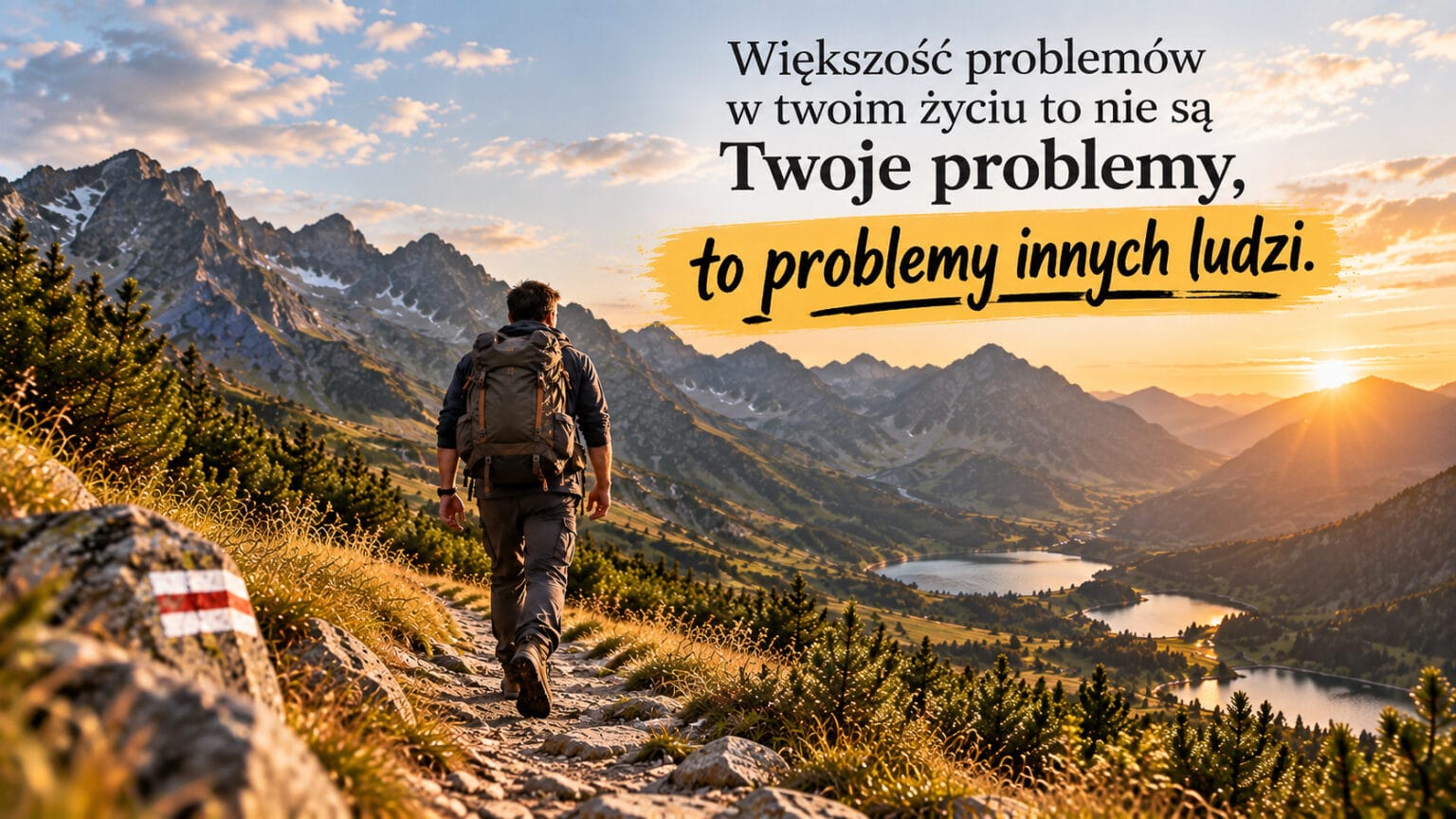 Wędrowiec na górskiej ścieżce. Napis: „Większość problemów w twoim życiu to nie są Twoje problemy. To problemy innych ludzi”.