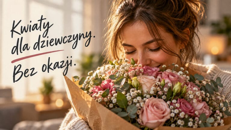 Kobieta z bukietem kwiatów. Napis: „Kwiaty dla dziewczyny. Bez okazji”.